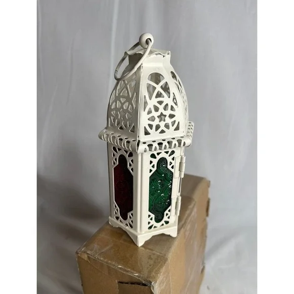 Nuptio 4pc Moroccan Style White Metal Lanterns Stained Glass Wedding Decor 8.5in