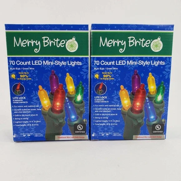 2 Merry Brite 70 Ct LED Mini Style Multi Color Lights Green Wire Christmas Patio