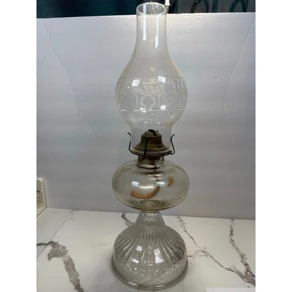 Vintage Clear Glass Oil Lamp Etched Laurel Wreath Chimney Ribbed Base 18.5 Inch