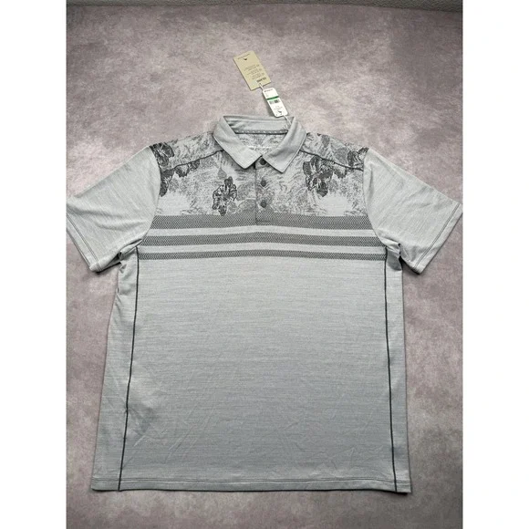 NWT Tommy Bahama‎ Polo Shirt Mens Large Gray Hibiscus IslandZone Floral Golf