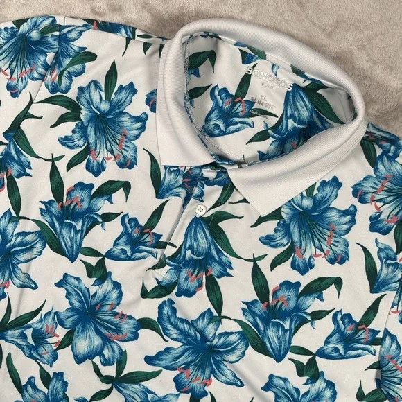 Bonobos Golf Polo Shirt Mens XL Slim Fit Blue Plumeria Floral Performance