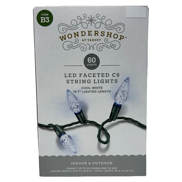 Wondershop 60 Cool White Faceted LED C6 Lights‎ Green Wire New