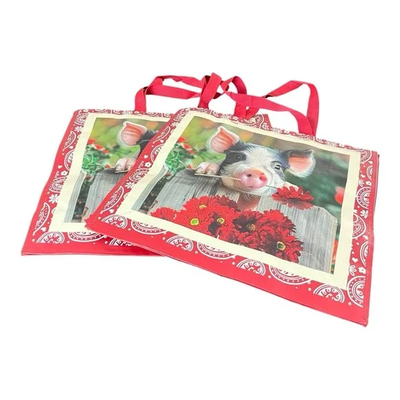 New Large 2 Goodwill Reusable Shopping Bag Piglet With Red Flowers Double Sided
