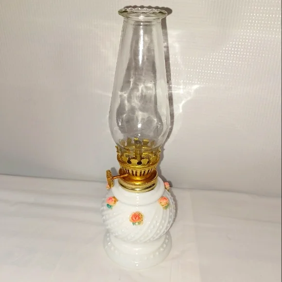 Vintage MCM Elegant Hobnob White and Gold Glass Oil Lamp With Pink Roses