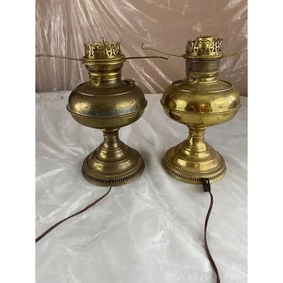 Vintage Brass Hurricane Table Lamps Set of 2 Electric 12