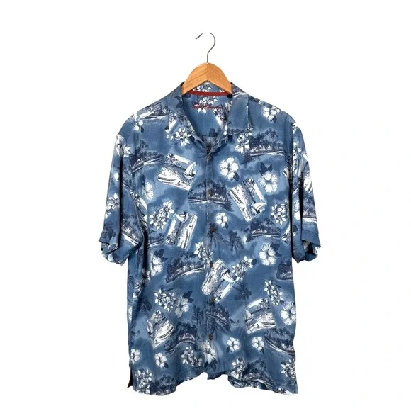 Vintage Reyn Spooner Hawaiian Shirt Mens‎ Large Blue Floral Hibiscus Button Up