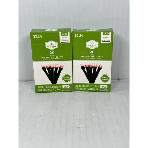 Holiday Time 20 Red Micro LED Christmas Lights Battery Power Indoor (Pack Of 2)