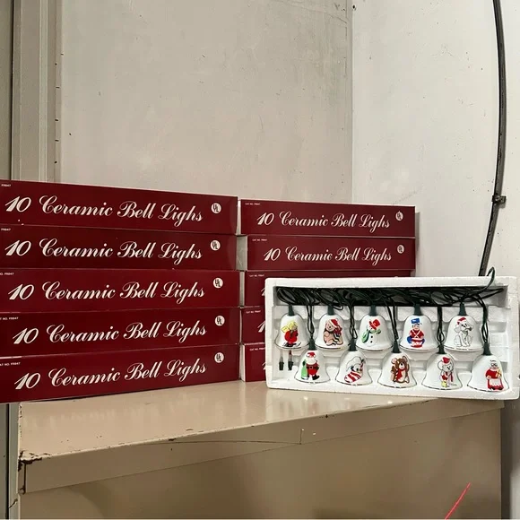 Vintage White Ceramic Bell Christmas Tree String Lights Working Cottage Retro