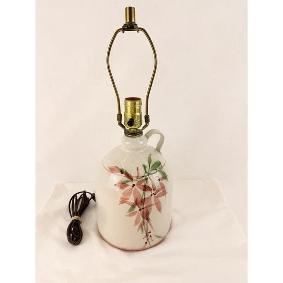 Vintage Hand Painted Floral Ceramic Jug Table Lamp Brass Harp Working