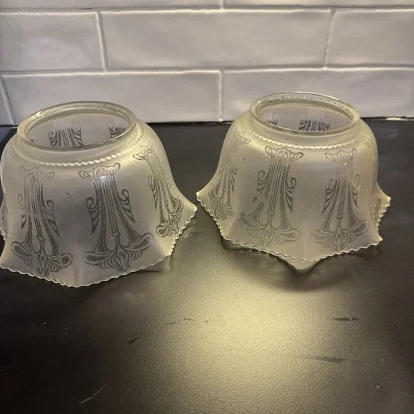 Antique Pair Of 2 Glass Lamp Chandelier Shades Fitter-Satin Etched Neoclassical