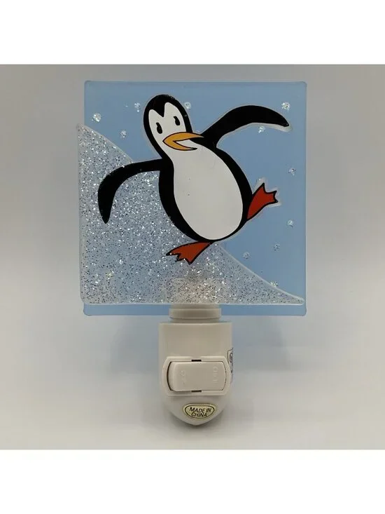 Penguin Sliding on Ice Night Light Glitter Acrylic Child Kid Bedroom Novelty