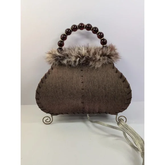 Vintage Style Boutique Purse Lamp‎ Feathered Rare Handbag Light Fur Beaded Deco