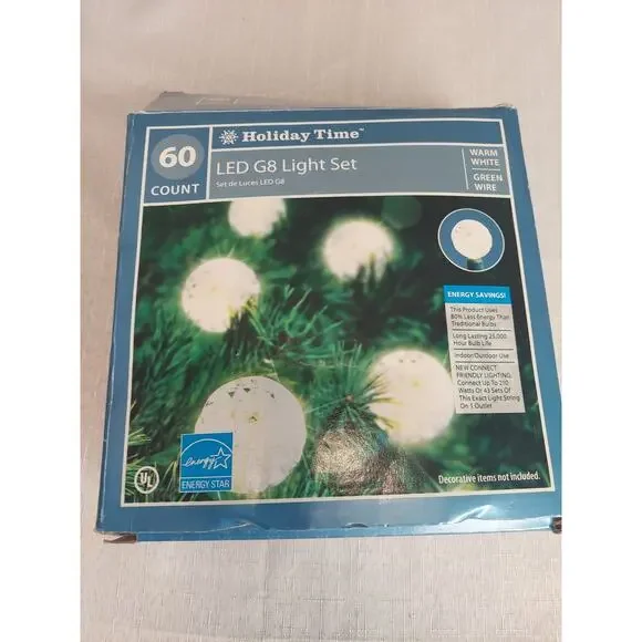 Holiday Time LED G8 Light Set 60 Count Warm White Green Wire Energy Star