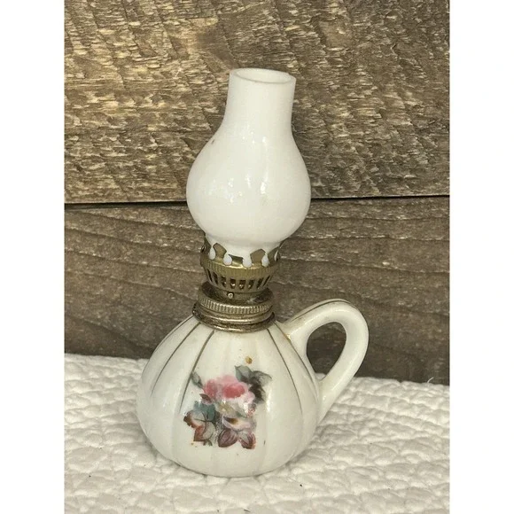 Vintage Miniature Kerosene Oil Lamp With Milk Glass Chimney White W/ Flowers