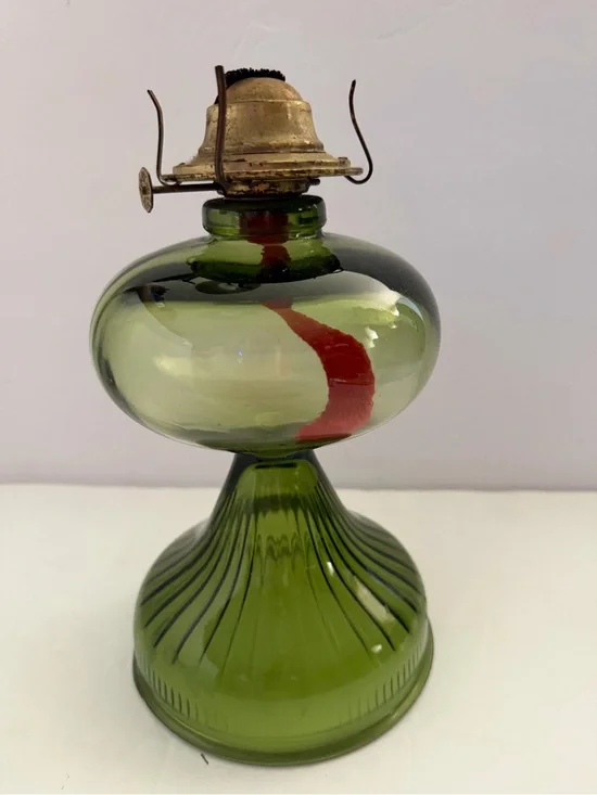 Vintage Olive Green Glass Oil Lamp 10”