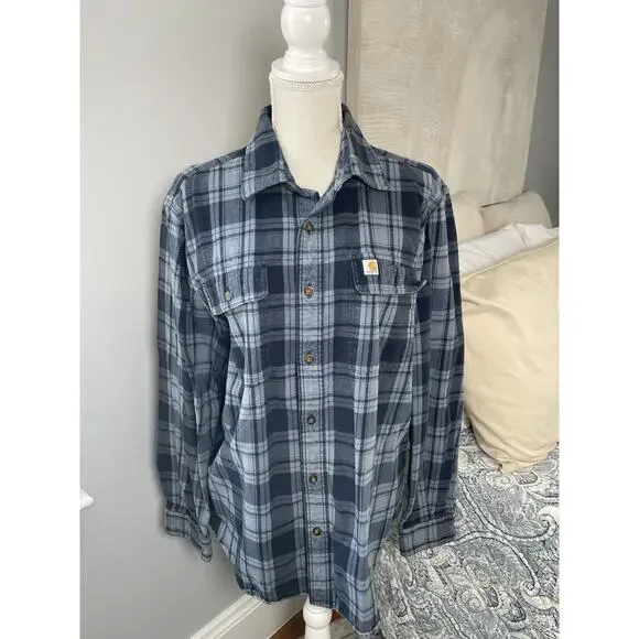 Carhartt Mens Medium Original Fit Blue Plaid Flannel Shirt 100% Cotton