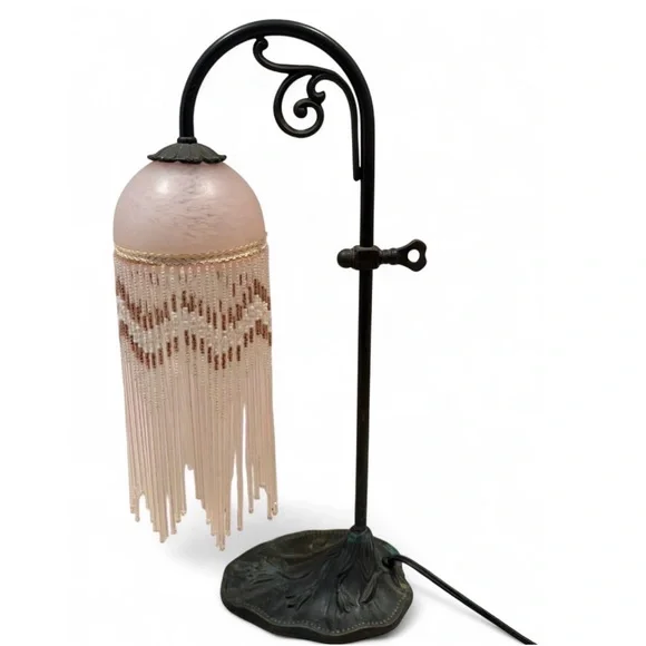 Vintage Victorian Style Beaded Glass Boudoir Table Light Lamp, Metal Leaf Base