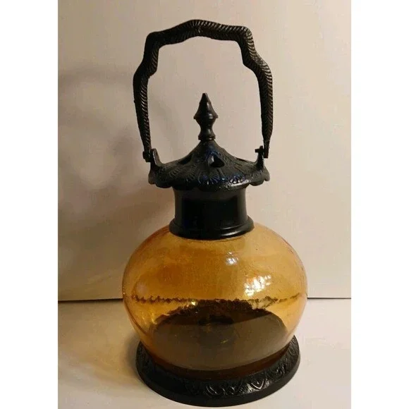 Vintage 12in Lantren Black W/ Gold Crackle Glass Round Globe/ BLACK HANDLE
