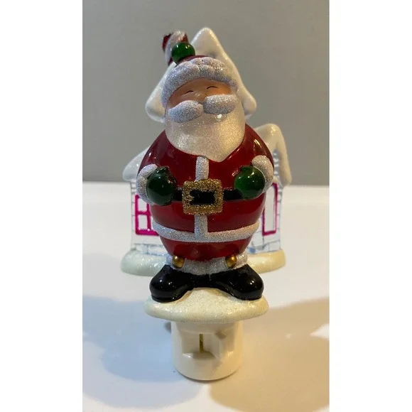 Santa‎ Claus Christmas Night Light Plug In Holiday Decor Glitter Snow Cottage