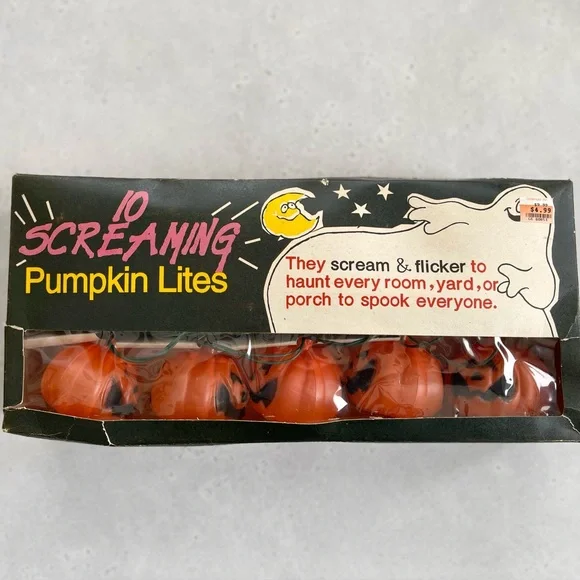 Vintage String of 10 Screaming Pumpkin Lights Blow Mold Retro Halloween