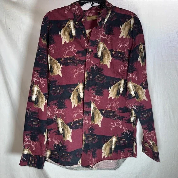 Vintage Mens Horse Print Button Down Shirt Burgundy Southwestern Western Large
