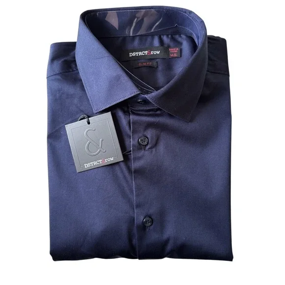 DSTRCT & Row Slim Fit Dress Shirt Navy Size M Wrinkle-Free Long Sleeve Button Up