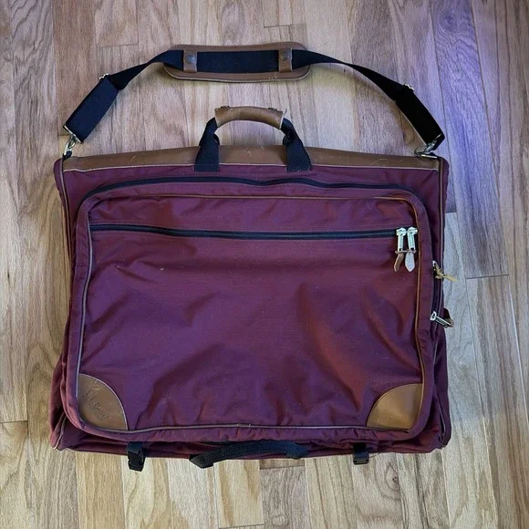 L.L. Bean Garment Bag Burgundy‎ Tan Leather Accents Hanging Travel Bag Vintage