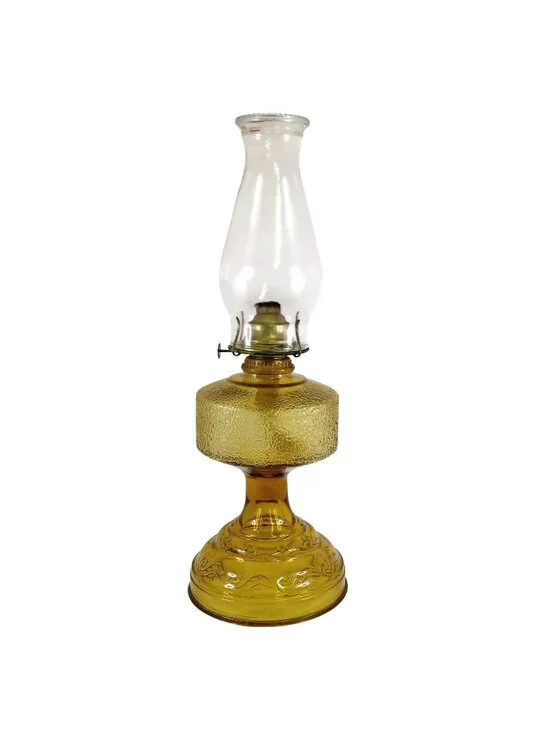 Vintage Amber Pressed‑Glass Oil Lamp, Early American Style, 18¼