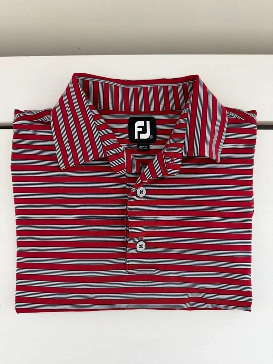 FootJoy Red Striped Golf Polo Shirt Medium Performance Stretch