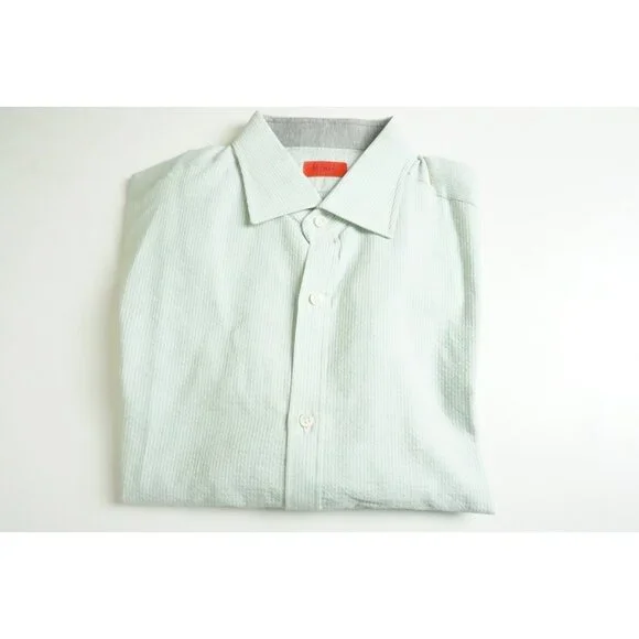 Isaia Seersucker Blue White Striped Dress Shirt Sz 39 15 1/2 BRAND NEW