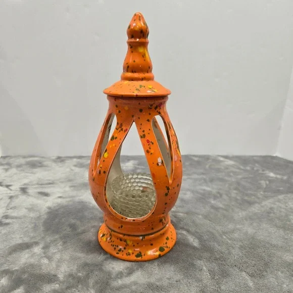 Vintage Orange Splatter Ceramic Tea Light Lantern with Hobnail Glass Insert