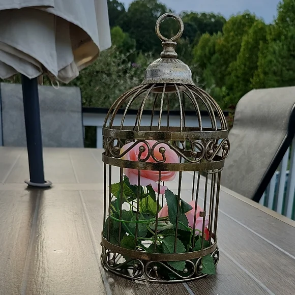 Vintage Gold Birdcage with Pink Roses