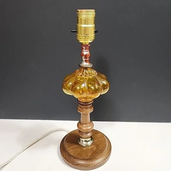 VTG Accent Table Lamp Amber Convex Bubble Glass, Wooden Base, Wood & Brass 12.5