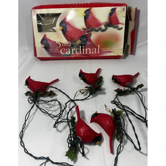 ❤️Vtg Red Cardinal Christmas Blow Mold Holiday Lights Indoor String Of‎ 5 In Box