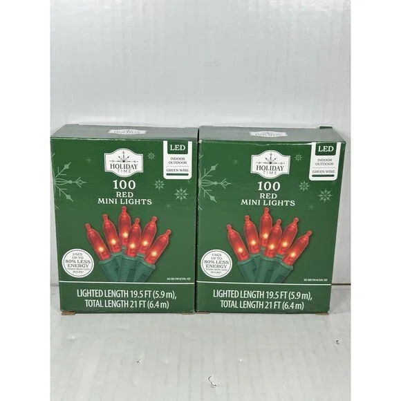 Lot Of 2 Holiday Time 100 Red Mini LED Christmas Lights Strand Green Wire NEW