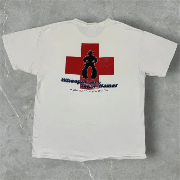 Vintage Cowboy Up Whoopin Ass Takin Names Distressed Rodeo Graphic T Shirt - L