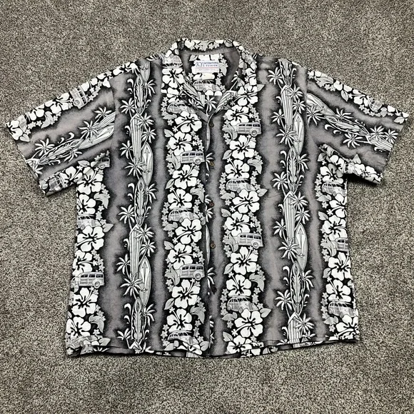 VINTAGE KYs Hawaiian Shirt Men XXL Gray Button Up Camp‎ Floral Tropical Pocket