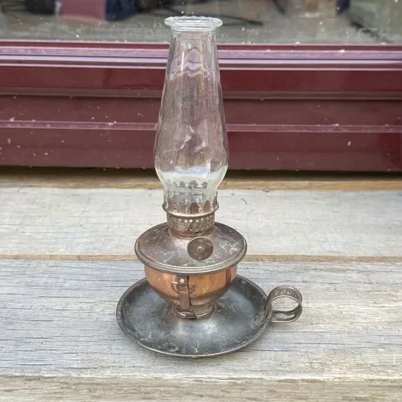Vintage Copper Hurricane Finger Oil Lamp Swivel Base Thick Glass Shade