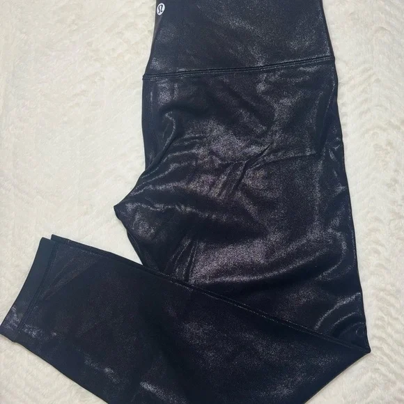Lululemon Wunder Under High Rise Shiny Leggings Black Faux Leather Size 12!!