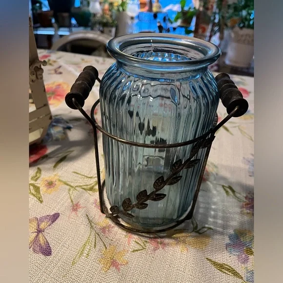 Vintage Blue Glass with Metal Leaf Design