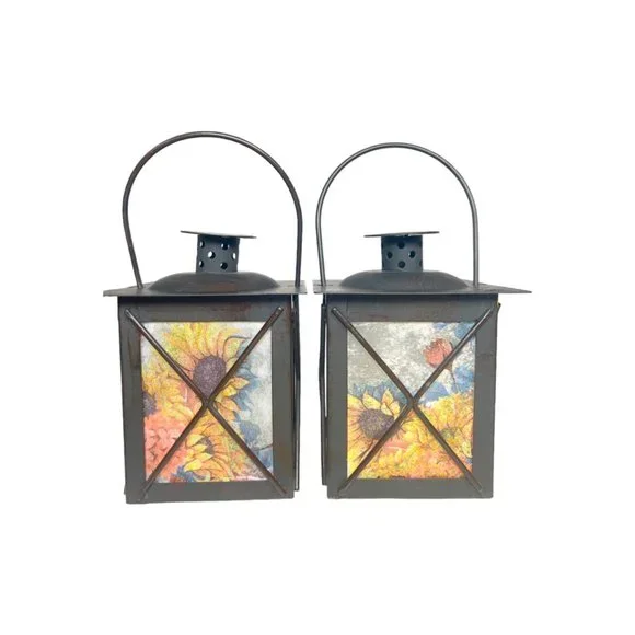 Artisan Crafted Metal Lantern Decoupaged Sunflower Paper Set of 2 One of a Kind