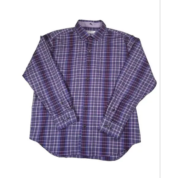 Tommy Bahama Lazlo Plaid Long Sleeve Button Shirt Men's Large Purple Cotton Silk