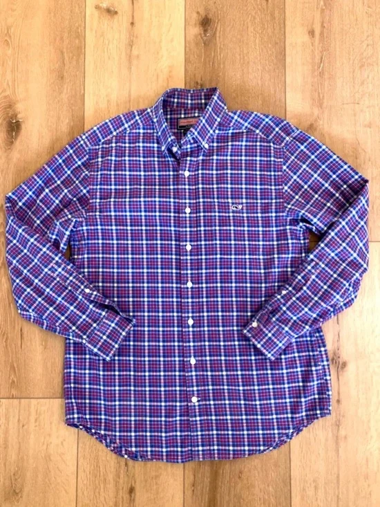 Vineyard Vines Shirt Tucker Button Down Plaid Red White Patriotic Preppy Size M