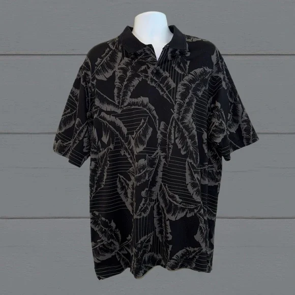 Cooke Street Hawaiian Islands Polo Men’s Size L | Black Tropical Leaf Print |