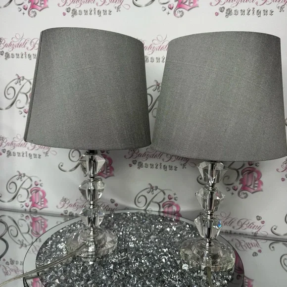 2 lamps crystal bases sparkly crystals grey lamp shade plug in wall luxury
