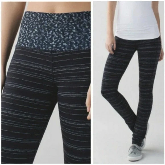 Lululemon Lulu Sz 4 Skinny Groove Pants Leggings Roll down Striped Navy Black