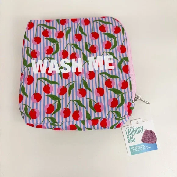 Foldable Zip Pouch Travel Cherry Blue Pinstripes Wash Me Laundry Bag New NWT