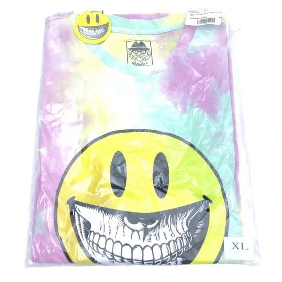 Ron English Popaganda Grin Rainbow Tie Dye Short Sleeve Smiley Face Tee Shirt L