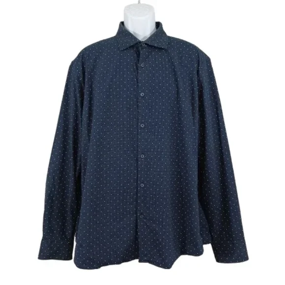 CACTUS MAN Ricky Singh Dark Blue & White Polkadot Long Sleeve Button Front Shirt