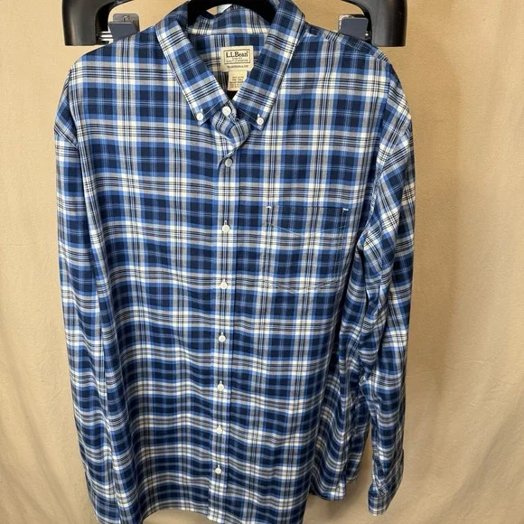 L.L. Bean Men's XXL Tall Blue Plaid Long Sleeve Button-Up Shirt 100% Cotton